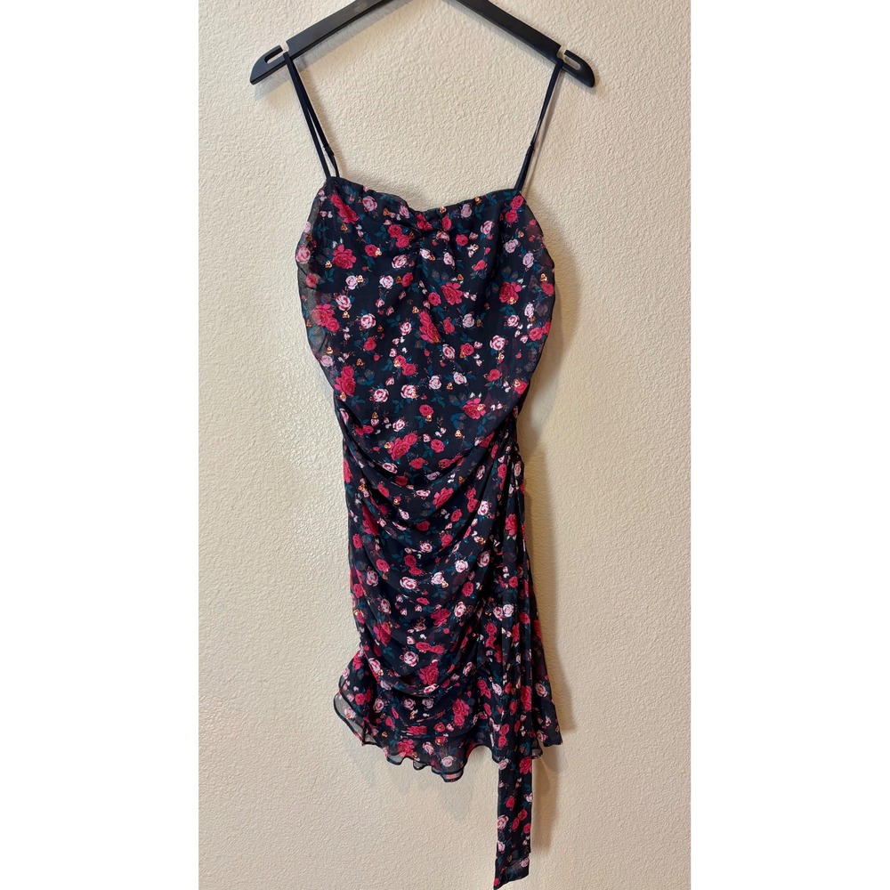 For Love & Lemons Floral Ruched Mini Dress Black Pink Rose CD1943-FA19 Medium - Picture 2 of 8